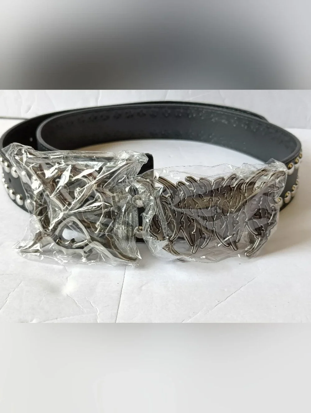 Black Studded Leather Belt Double Gothic Belt Buckles 45 Inches